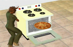 Gif of SIMS character doing a dance as the pizza comes out of the oven