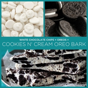 White chocolate chips plus oreos makes a really simple 2 ingredient recipe for cookies n cream oreo bark